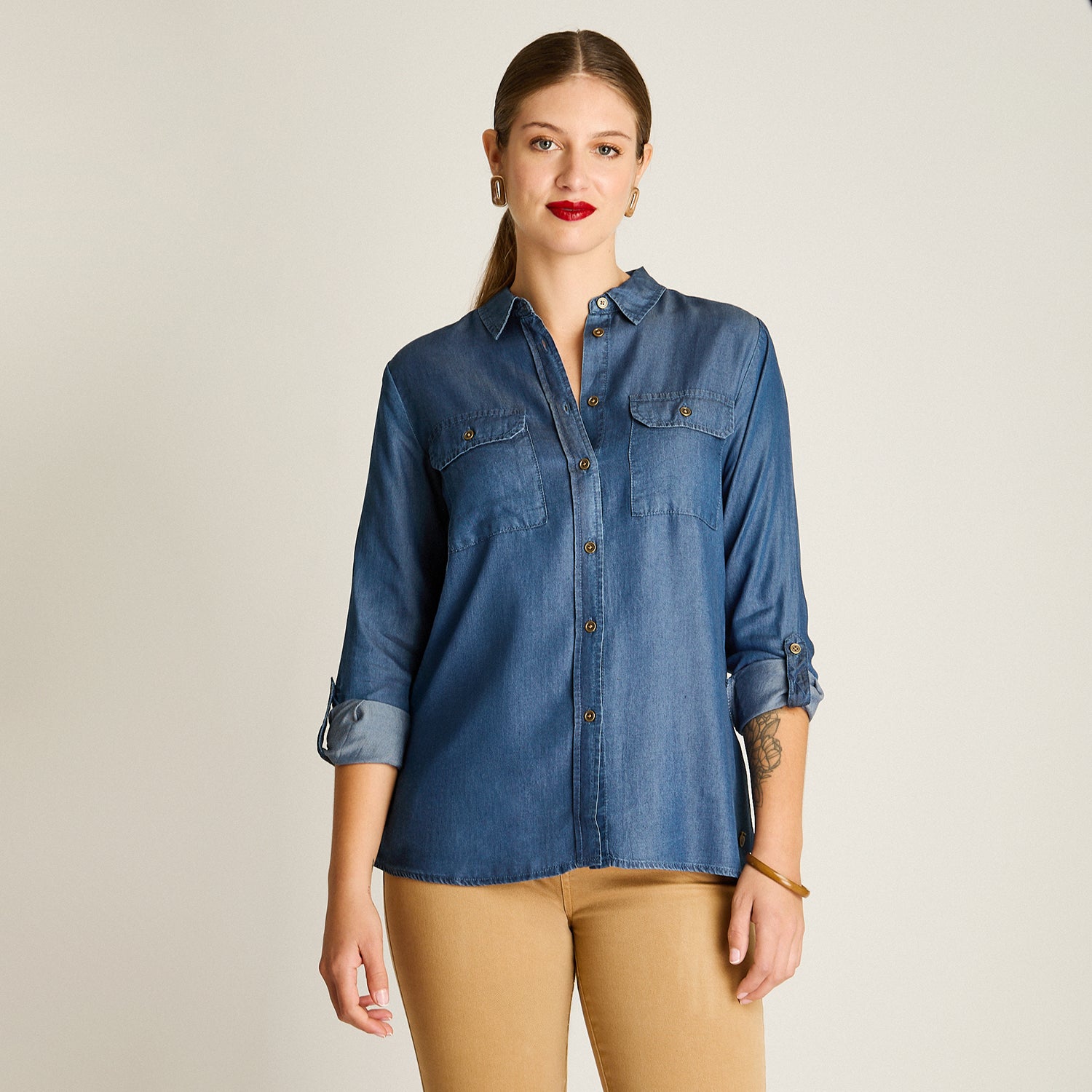 Blusa Blue Medio Manga Larga Elasticidad Nula Sin Forro Calce Normal Tela Plano